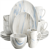 Elama Fine Marble 16 Piece Porcelain Dinnerware Set, Tableware Set, Everyday Dining, Service for 4 (Blue/Gray)