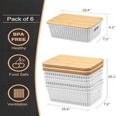 Storage Bins with Lids 6 Packs, Plastic Storage Bins with Bamboo Lids for Pantry Organization and Storage Containers for Shelves Drawers Desktop Closet Playroom Classroom Office Home, White
