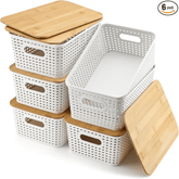 Storage Bins with Lids 6 Packs, Plastic Storage Bins with Bamboo Lids for Pantry Organization and Storage Containers for Shelves Drawers Desktop Closet Playroom Classroom Office Home, White