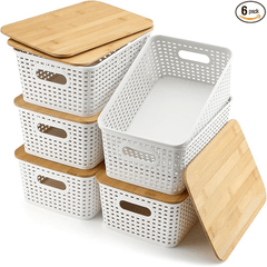 Storage Bins with Lids 6 Packs, Plastic Storage Bins with Bamboo Lids for Pantry Organization and Storage Containers for Shelves Drawers Desktop Closet Playroom Classroom Office Home, White