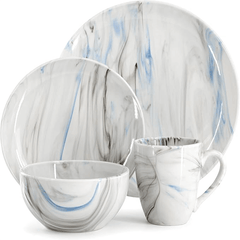 Elama Fine Marble 16 Piece Porcelain Dinnerware Set, Tableware Set, Everyday Dining, Service for 4 (Blue/Gray)