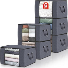 Fab totes 6 Pack Clothes Storage, Foldable Thick Fabric Blanket Storage Bags, Containers for Organizing Bedroom, Closet, Clothing, Comforter,Closet Organization with Handle,Grey