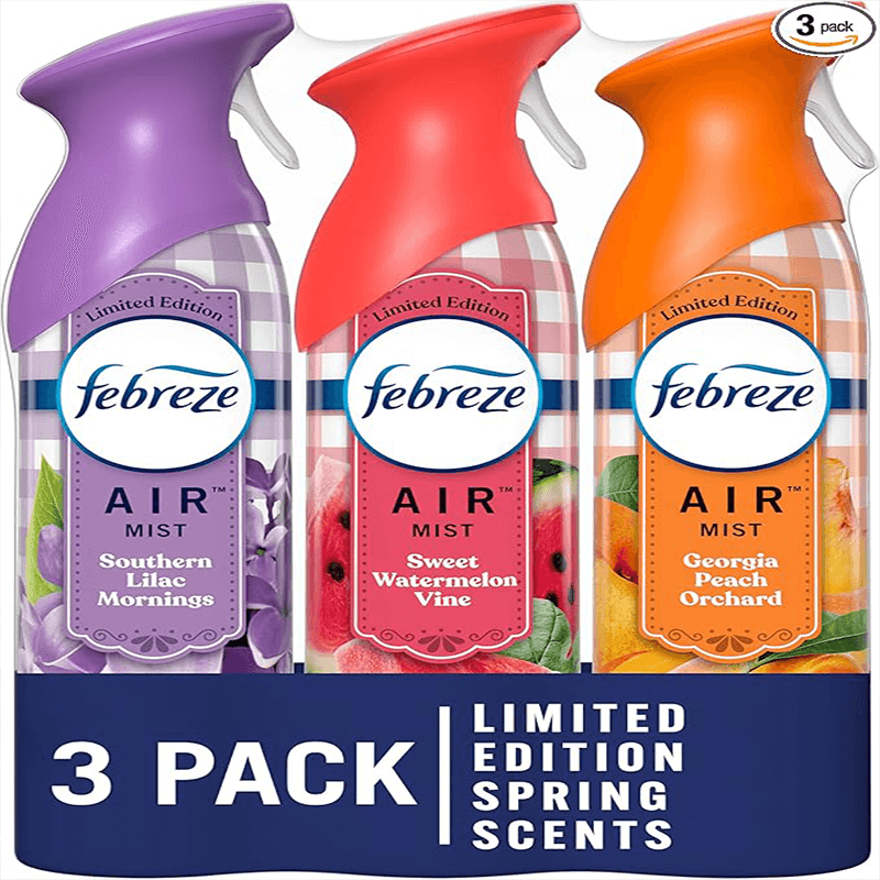 Febreze Air Mist Air Freshener Spray, Odor-Fighting Room Spray for Home, Bathroom and Kitchen, Aerosol Can, Southern Lilac Mornings, Georgia Peach Orchard, Sweet Watermelon Vine Scent, 8.8oz, 3 Count