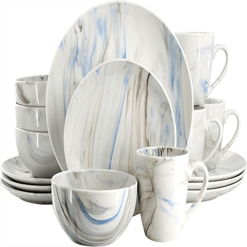 Elama Fine Marble 16 Piece Porcelain Dinnerware Set, Tableware Set, Everyday Dining, Service for 4 (Blue/Gray)