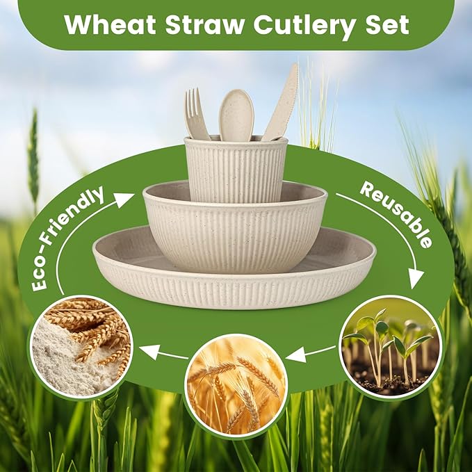 36-Piece Wheat Straw Dinnerware Sets for 6, Farielyn-X Unbreakable Reusable Set Kitchen Cups, Plates, Bowls Sets & Cultery Dishwasher Microwave Safe - Patio, Outdoors, RV, Camping Dishes