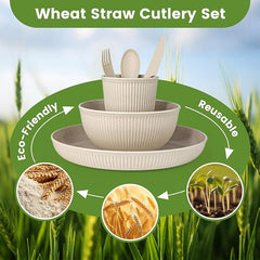 36-Piece Wheat Straw Dinnerware Sets for 6, Farielyn-X Unbreakable Reusable Set Kitchen Cups, Plates, Bowls Sets & Cultery Dishwasher Microwave Safe - Patio, Outdoors, RV, Camping Dishes