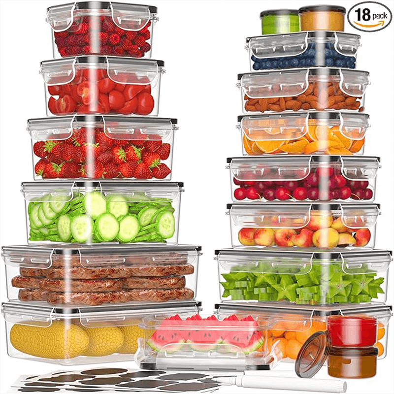 36-Piece Food Storage Containers with Lids(18 Containers & 18 Lids), Plastic Food Containers for Pantry & Kitchen Storage and Organization, BPA-Free, Leak Proof, Reusable with Labels & Pen