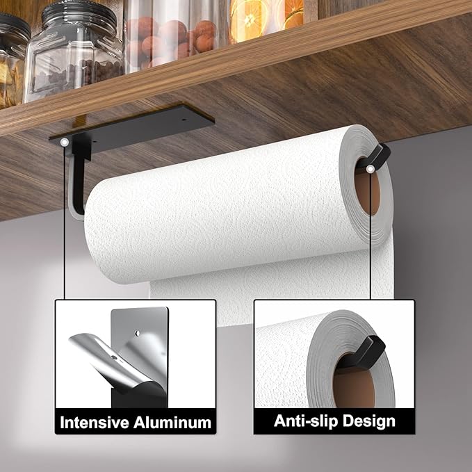 Paper Towel Holder - Self-Adhesive or Drilling, Matte Black, Upgraded Aluminum Kitchen Roll Dispenser Under Cabinet, Lighter but Stronger Than Stainless Steel!