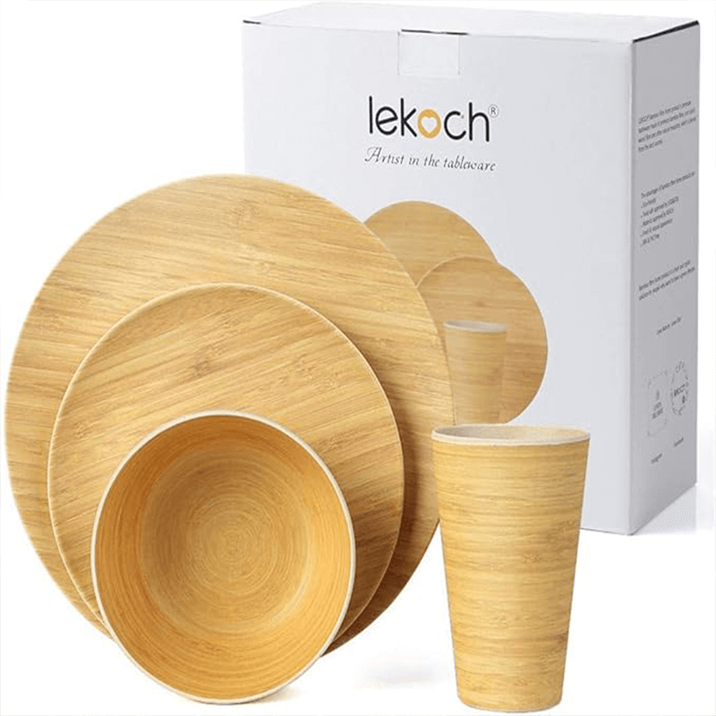 LEKOCH Bamboo Dinnerware Set, Ultra Chic Bamboo Dinnerwareses for 4 pcs, Bamboo Fiber Plate Dish Set, Kitchen Tablewares Eco-friendly Reusable Outdoor Camping Dinnerware Sets