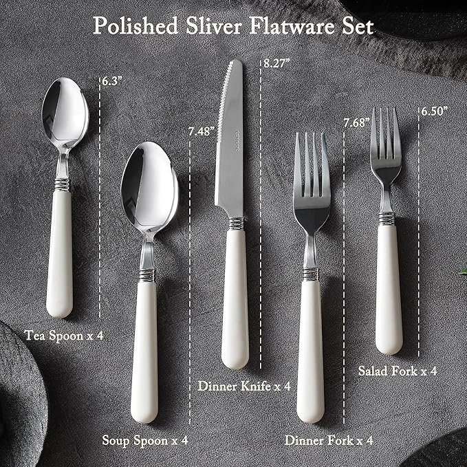 CAROTE 20Pcs Silverware Set, Stainless Steel Flatware Set with White Handle, Dining Tableware Cutlery Set for 4, Utensil Sets for Home Restaurant, Mirror Polished Spoon and Fork Set, Dishwasher Safe