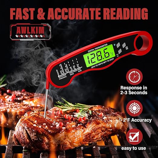 AWLKIM® Digital Meat Thermometer for Cooking, Instant Read Food Thermometer with Backlight & Hold Function - Kitchen Appliances Essentials for BBQ, Stocking Stuffers Gifts for Men Him Dad Birthday