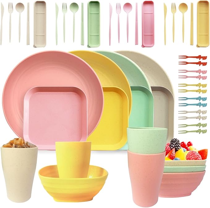 48 Pcs Dinnerware for 4,Plates and Bowls Sets Unbreakable Tableware set,Plates Bowls Cups Cutlery Sets,Travel Camping Lightweight Dinnerware（Light Color）
