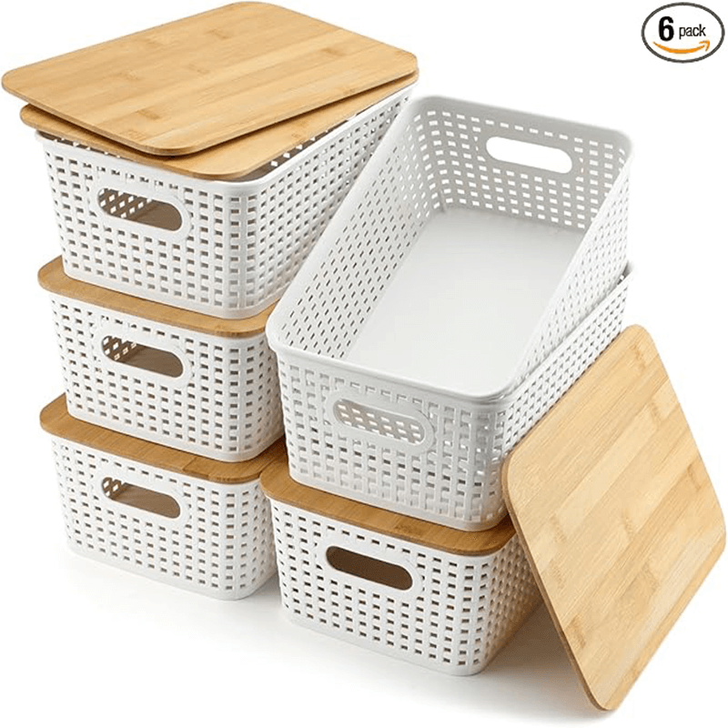 Storage Bins with Lids 6 Packs, Plastic Storage Bins with Bamboo Lids for Pantry Organization and Storage Containers for Shelves Drawers Desktop Closet Playroom Classroom Office Home, White